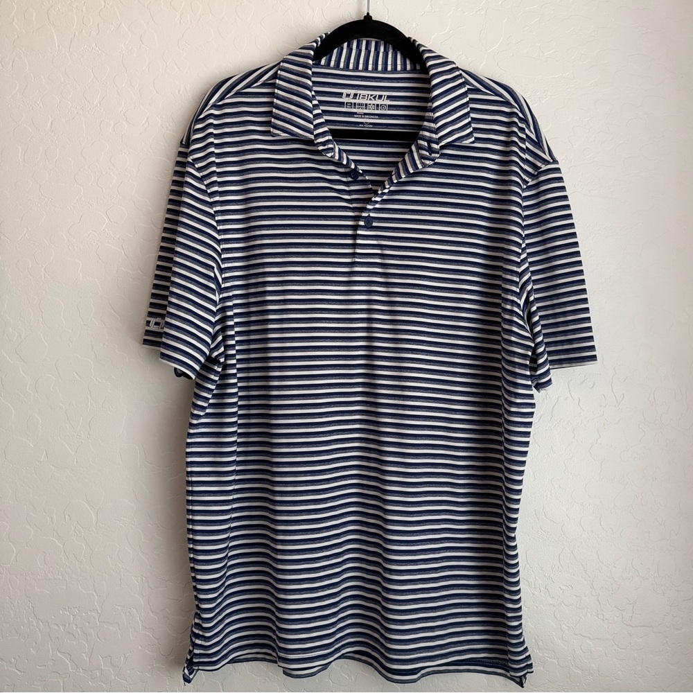 IBKUL Men's Golf Performance UPF 50+ Polo Shirt Stripes Blue White‎ XL